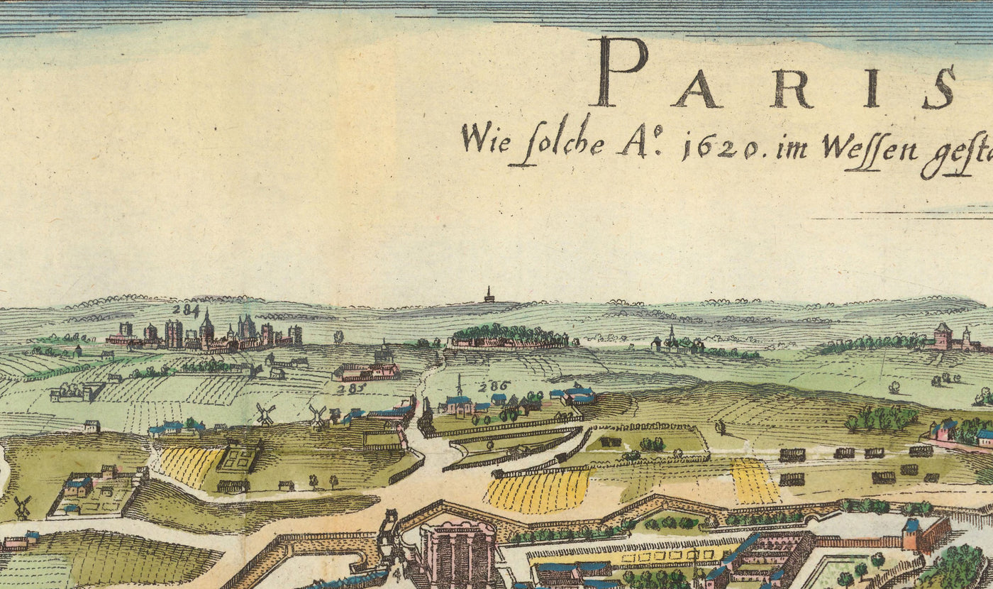 Old Map of Paris, 1655 by Caspar Merian - Ile Saint Louis and de la Cite, Pont Neuf, Seine, Notre Dame