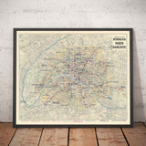 Old Map of Paris Métro Subway and Landmarks, 1934 by Gaillac-Monrocq - 13 Lines, Arc de Triomphe, 20th Century City Tourist Map