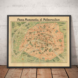 Vecchia mappa della metropolitana di Parigi e dei luoghi d'interesse, 1920 di Robelin - Torre Eiffel, Louvre, Champs-Élysées, mappa della metropolitana ferroviaria 