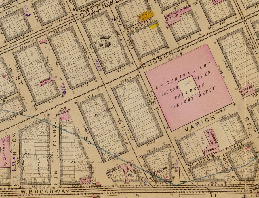 Mappa antica di Hudson Square e Tribeca, 1879 - Quartieri di Lower Manhattan NYC, Houston St, Holland Tunnel, Canal St, Varick St, Hudson St 