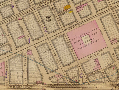 Alte Karte von Hudson Square & Tribeca, 1879 - Untermanhattan Wards NYC, Houston St, Holland Tunnel, Canal St, Varick St, Hudson St 