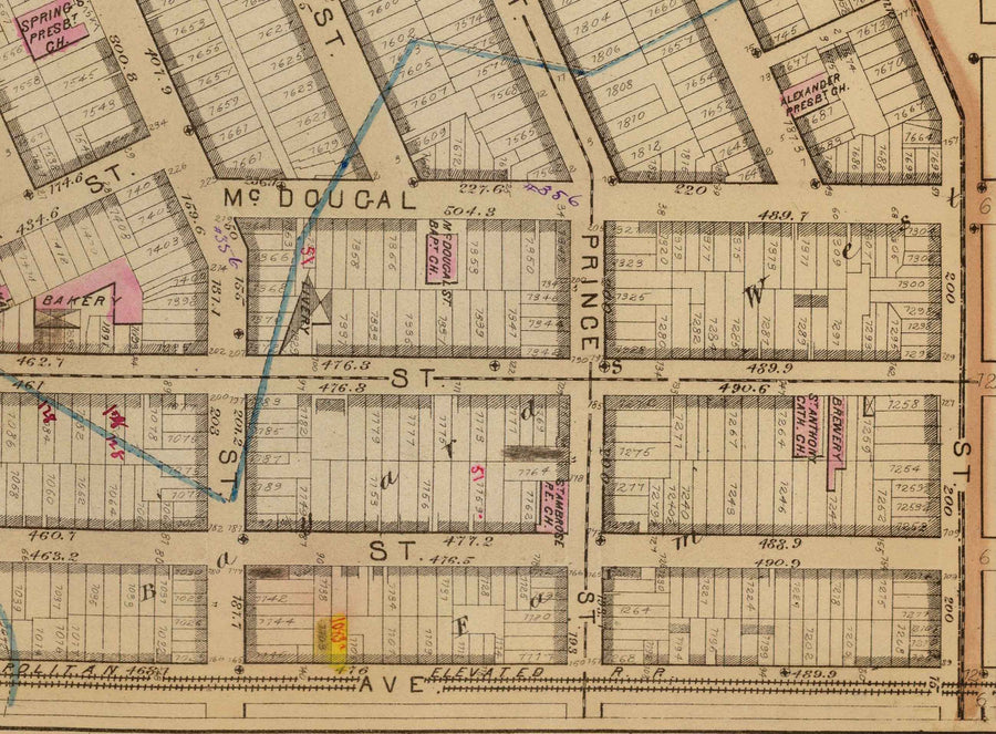 Mappa antica di Hudson Square e Tribeca, 1879 - Quartieri di Lower Manhattan NYC, Houston St, Holland Tunnel, Canal St, Varick St, Hudson St 