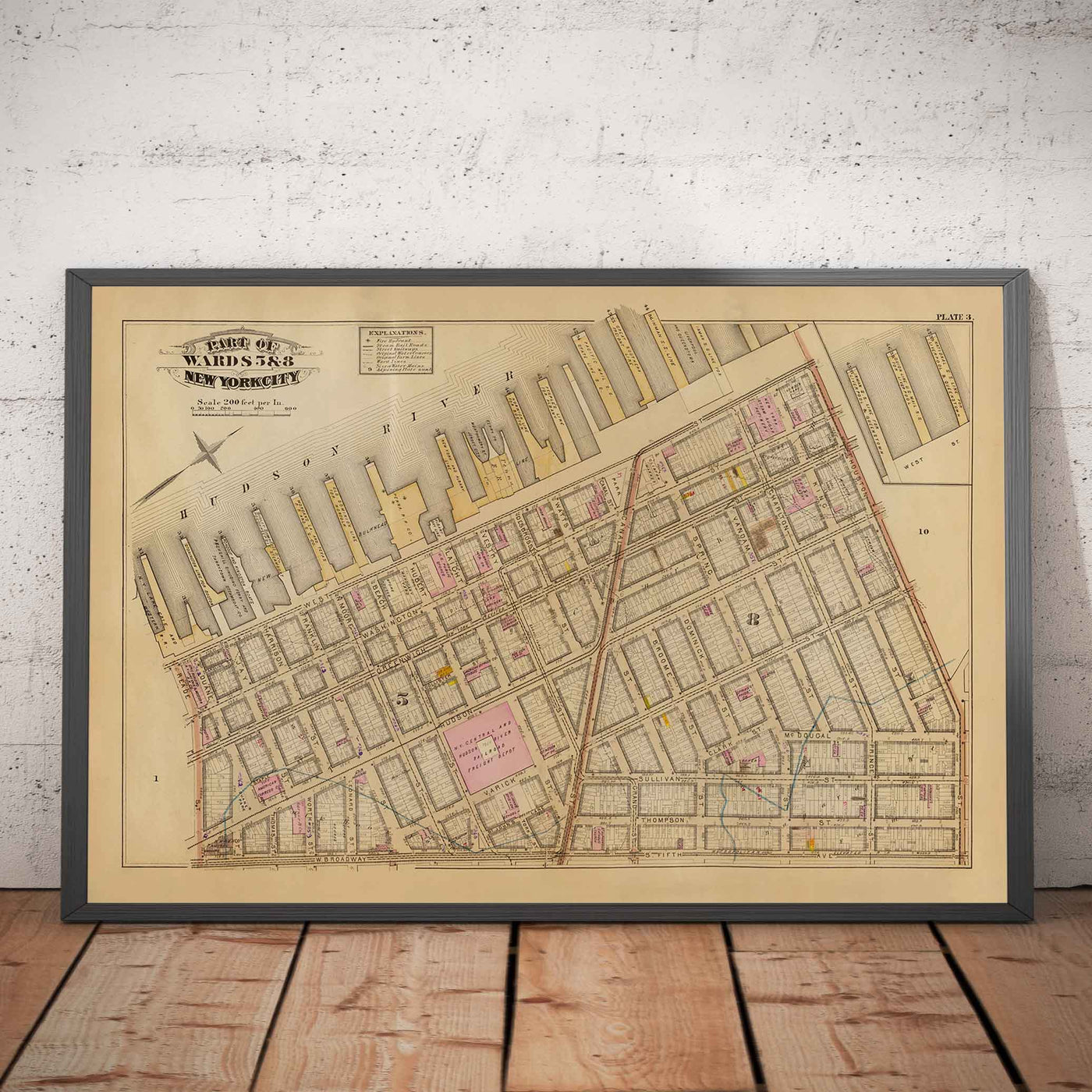 Alte Karte von Hudson Square & Tribeca, 1879 - Untermanhattan Wards NYC, Houston St, Holland Tunnel, Canal St, Varick St, Hudson St 