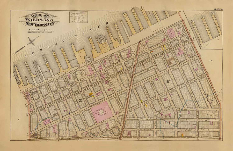 Mappa antica di Hudson Square e Tribeca, 1879 - Quartieri di Lower Manhattan NYC, Houston St, Holland Tunnel, Canal St, Varick St, Hudson St 