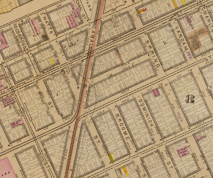 Mappa antica di Hudson Square e Tribeca, 1879 - Quartieri di Lower Manhattan NYC, Houston St, Holland Tunnel, Canal St, Varick St, Hudson St 