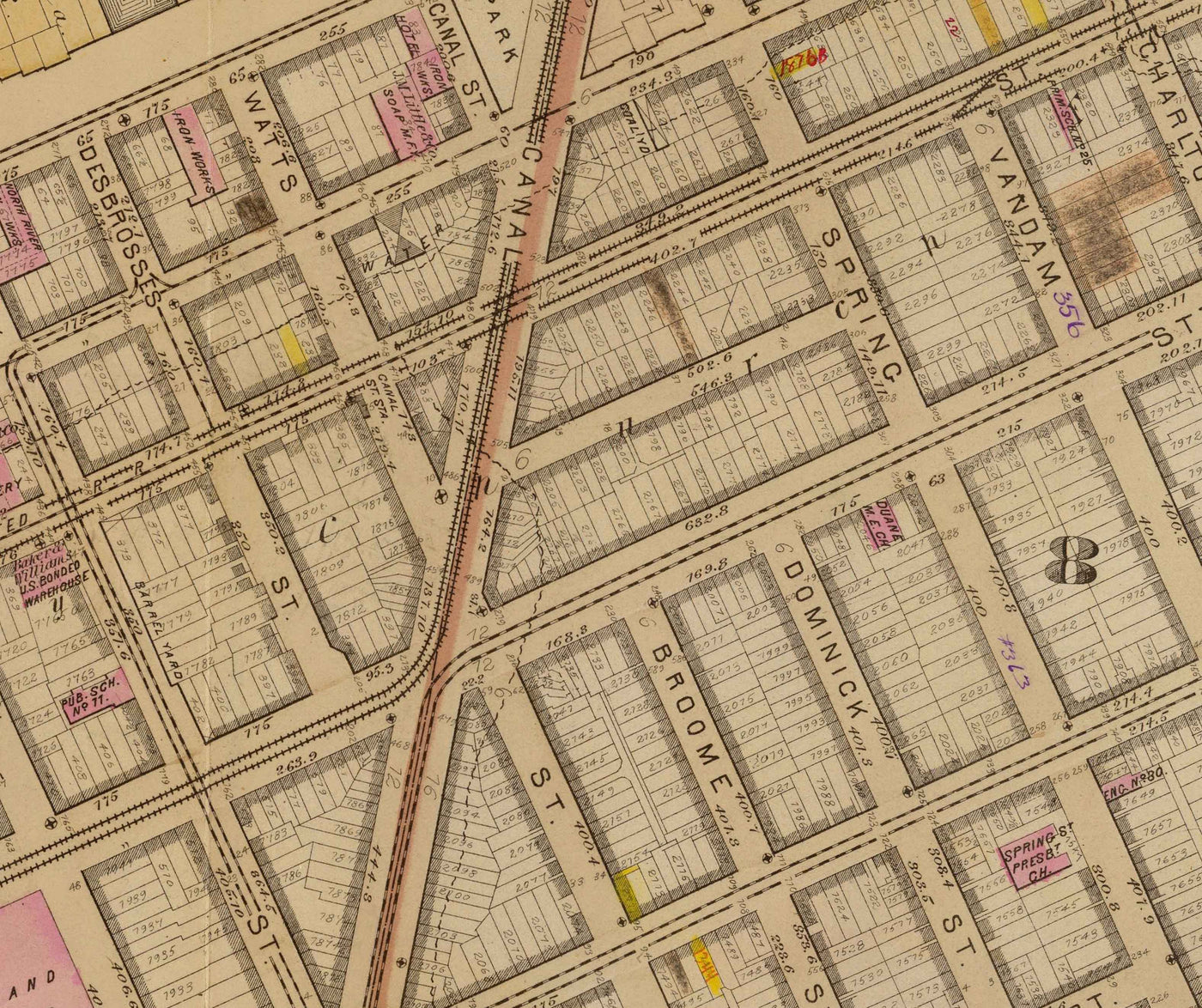 Alte Karte von Hudson Square & Tribeca, 1879 - Untermanhattan Wards NYC, Houston St, Holland Tunnel, Canal St, Varick St, Hudson St 