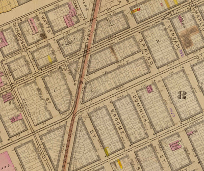 Alte Karte von Hudson Square & Tribeca, 1879 - Untermanhattan Wards NYC, Houston St, Holland Tunnel, Canal St, Varick St, Hudson St 