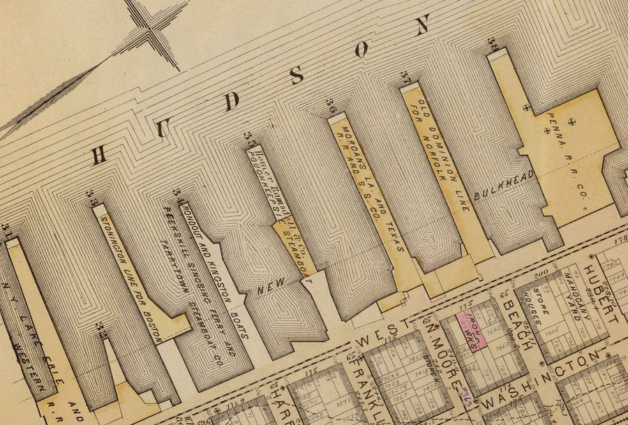 Mappa antica di Hudson Square e Tribeca, 1879 - Quartieri di Lower Manhattan NYC, Houston St, Holland Tunnel, Canal St, Varick St, Hudson St 