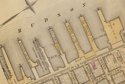 Alte Karte von Hudson Square & Tribeca, 1879 - Untermanhattan Wards NYC, Houston St, Holland Tunnel, Canal St, Varick St, Hudson St 