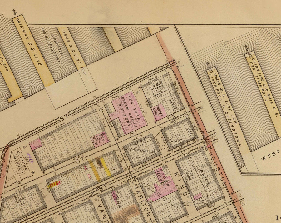 Mappa antica di Hudson Square e Tribeca, 1879 - Quartieri di Lower Manhattan NYC, Houston St, Holland Tunnel, Canal St, Varick St, Hudson St 