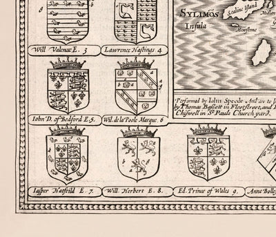Old Monochrome Map of Pembrokeshire, Wales 1611 John Speed - Haverfordwest, St Davids, Fishguard, Southwest