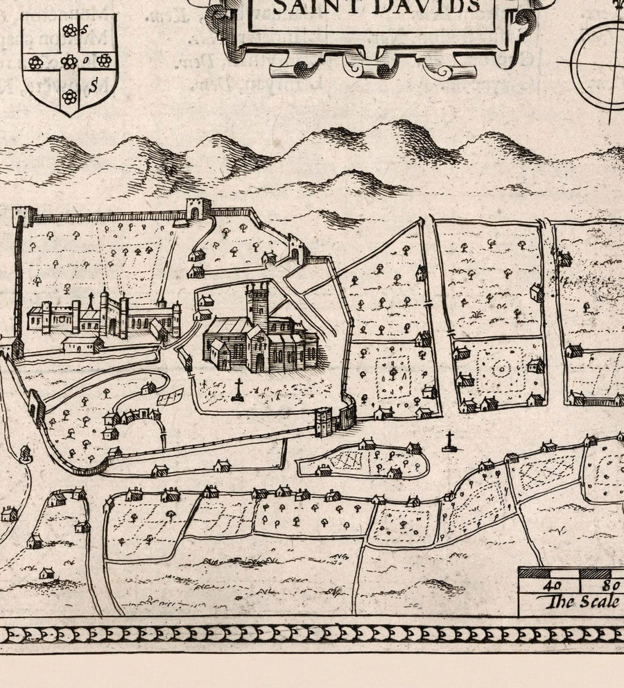 Vieille carte monochrome de Pembrokeshire, Pays de Galles 1611 John Vitesse - Haverfordwest, St Davids, Garde de poisson, Sud-Ouest