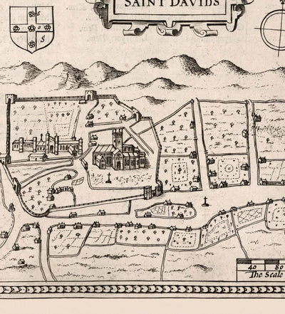 Old Monochrome Map of Pembrokeshire, Wales 1611 John Speed - Haverfordwest, St Davids, Fishguard, Southwest