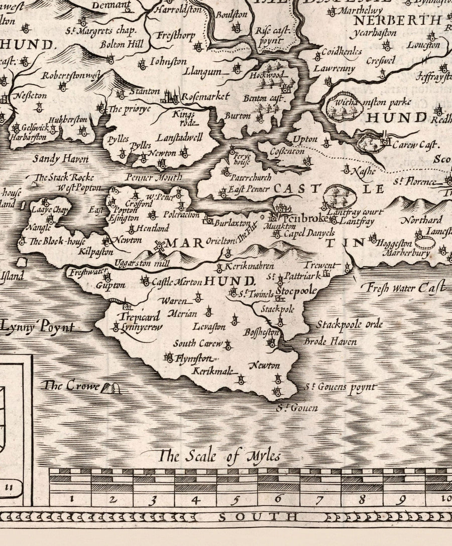 Vieille carte monochrome de Pembrokeshire, Pays de Galles 1611 John Vitesse - Haverfordwest, St Davids, Garde de poisson, Sud-Ouest