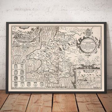 Alte monochrome Karte von Pembrokeshire, Wales 1611 John Speed - Haverfordwest, St Davids, Fishguard, Südwest 