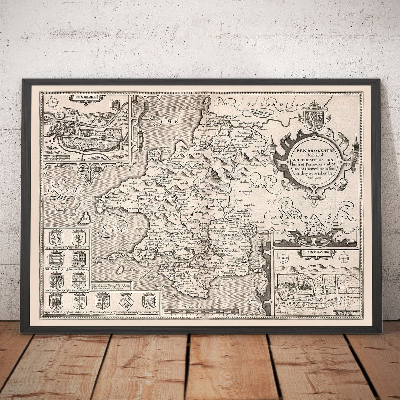 Old Monochrome Map of Pembrokeshire, Wales 1611 John Speed - Haverfordwest, St Davids, Fishguard, Southwest
