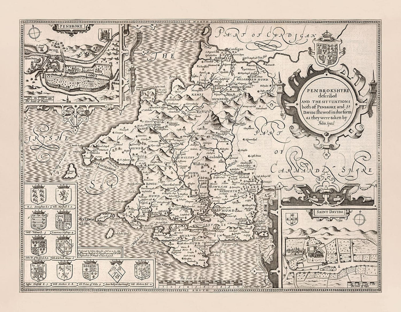 Old Monochrome Map of Pembrokeshire, Wales 1611 John Speed - Haverfordwest, St Davids, Fishguard, Southwest