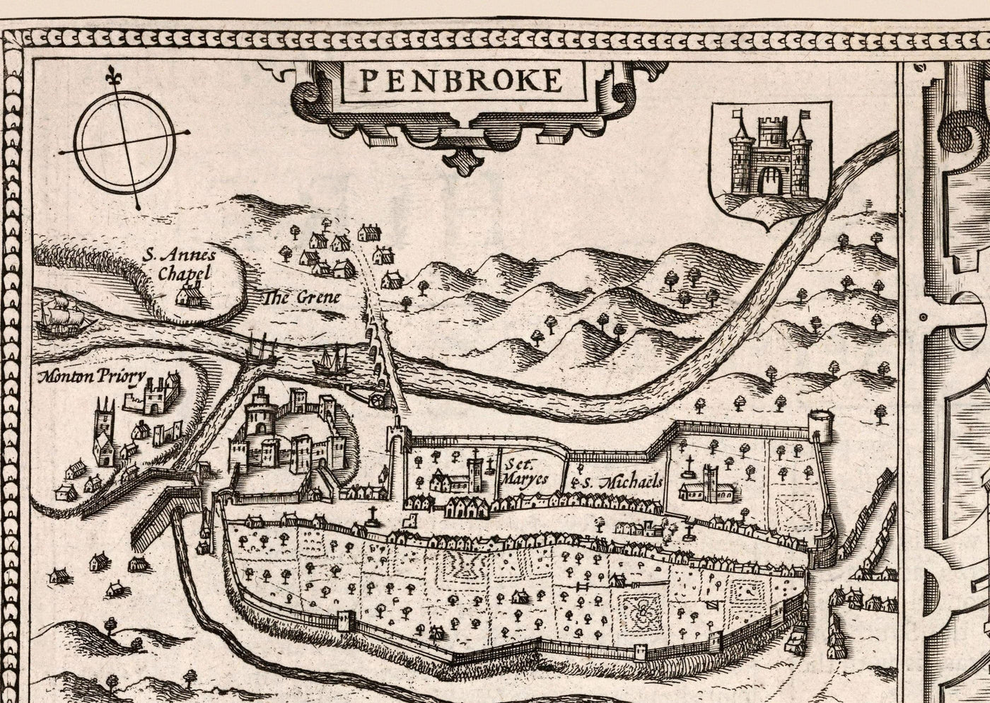 Old Monochrome Map of Pembrokeshire, Wales 1611 John Speed - Haverfordwest, St Davids, Fishguard, Southwest