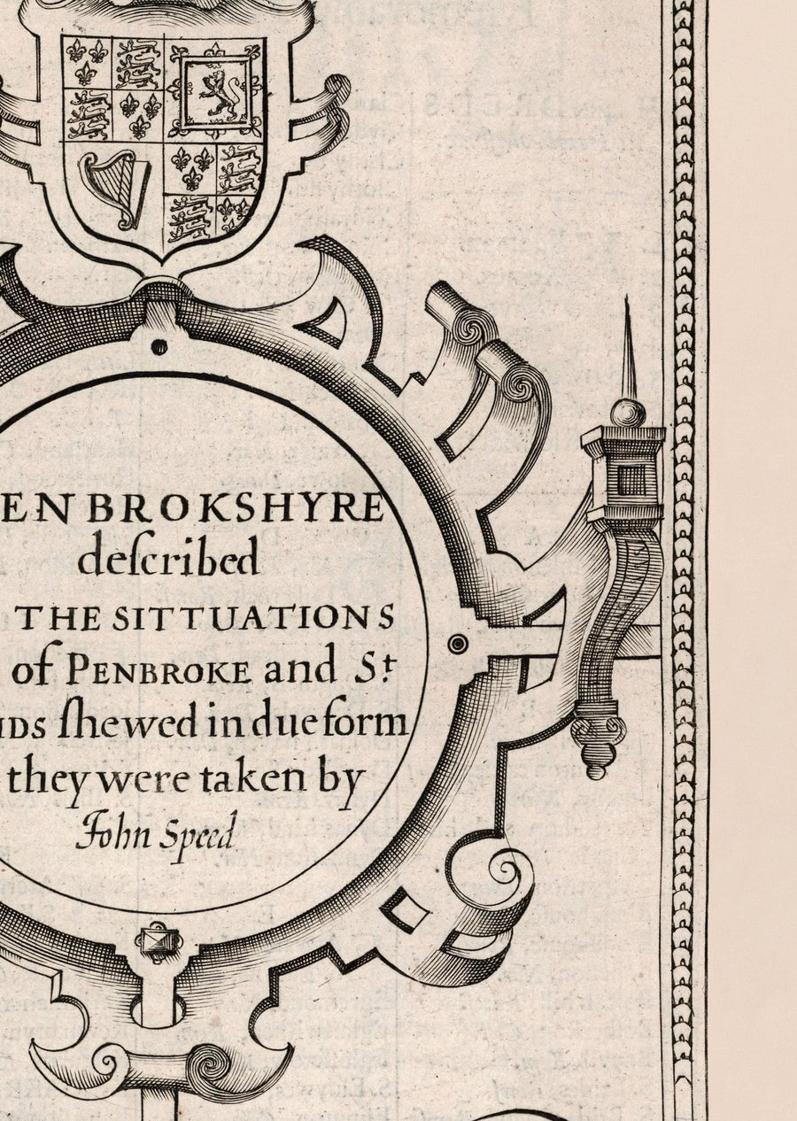 Vieille carte monochrome de Pembrokeshire, Pays de Galles 1611 John Vitesse - Haverfordwest, St Davids, Garde de poisson, Sud-Ouest