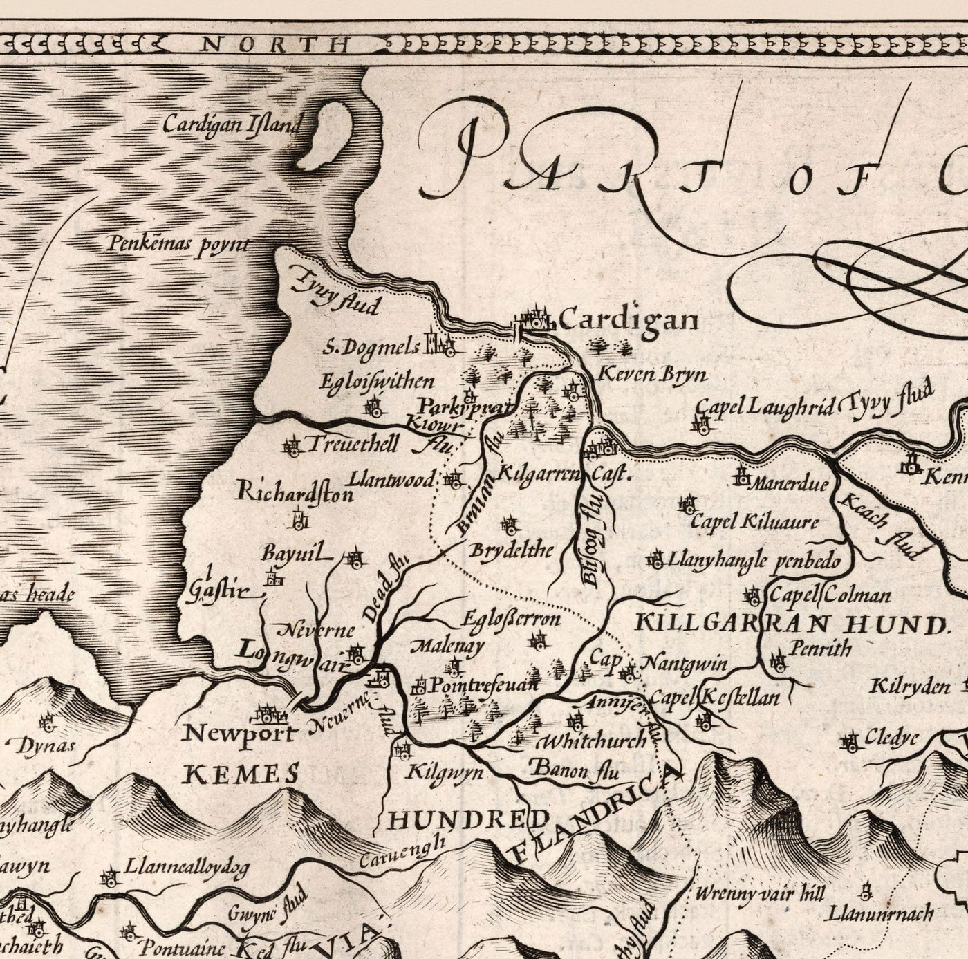 Old Monochrome Map of Pembrokeshire, Wales 1611 John Speed - Haverfordwest, St Davids, Fishguard, Southwest
