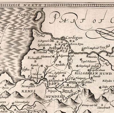 Old Monochrome Map of Pembrokeshire, Wales 1611 John Speed - Haverfordwest, St Davids, Fishguard, Southwest