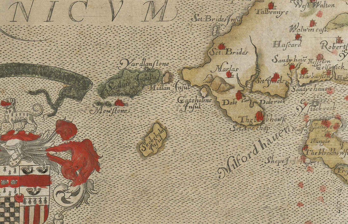 Alte Karte von Pembrokeshire, Wales aus dem Jahr 1578 von Christopher Saxton - Pembroke, Newport, Cardigan, Fishguard, Haverfordwest 