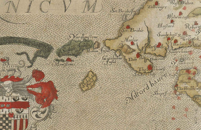 Alte Karte von Pembrokeshire, Wales aus dem Jahr 1578 von Christopher Saxton - Pembroke, Newport, Cardigan, Fishguard, Haverfordwest 
