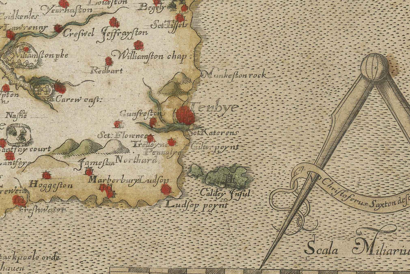 Alte Karte von Pembrokeshire, Wales aus dem Jahr 1578 von Christopher Saxton - Pembroke, Newport, Cardigan, Fishguard, Haverfordwest 