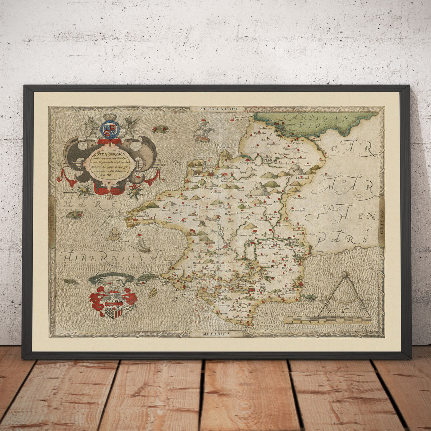 Alte Karte von Pembrokeshire, Wales aus dem Jahr 1578 von Christopher Saxton - Pembroke, Newport, Cardigan, Fishguard, Haverfordwest 