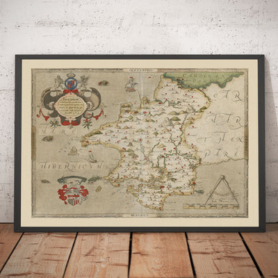 Alte Karte von Pembrokeshire, Wales aus dem Jahr 1578 von Christopher Saxton - Pembroke, Newport, Cardigan, Fishguard, Haverfordwest 