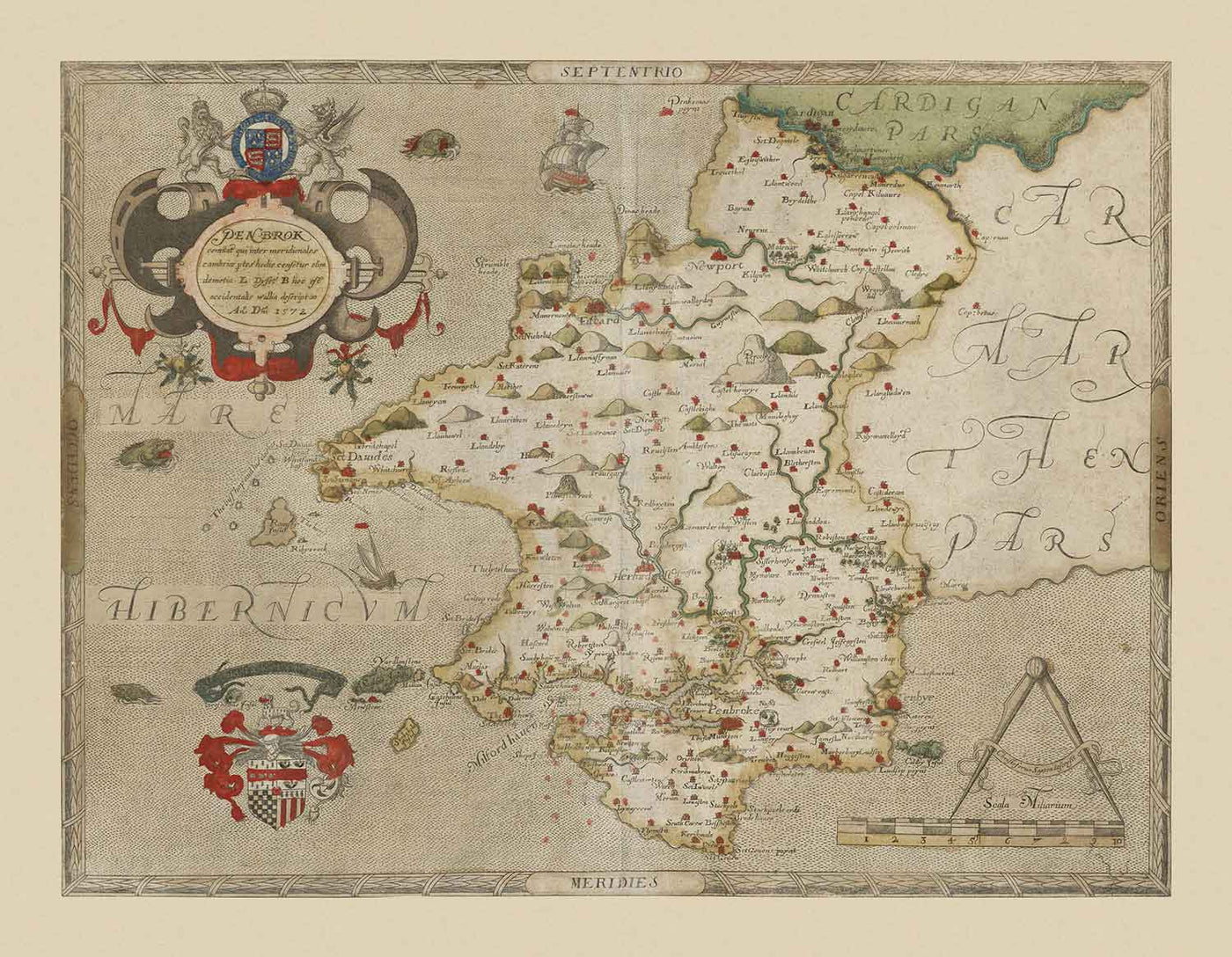 Alte Karte von Pembrokeshire, Wales aus dem Jahr 1578 von Christopher Saxton - Pembroke, Newport, Cardigan, Fishguard, Haverfordwest 