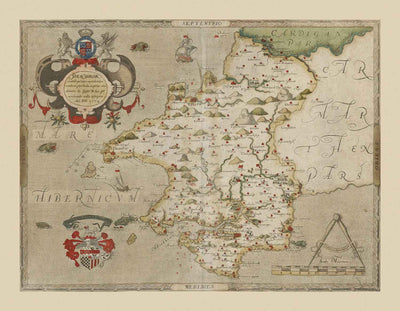 Alte Karte von Pembrokeshire, Wales aus dem Jahr 1578 von Christopher Saxton - Pembroke, Newport, Cardigan, Fishguard, Haverfordwest 