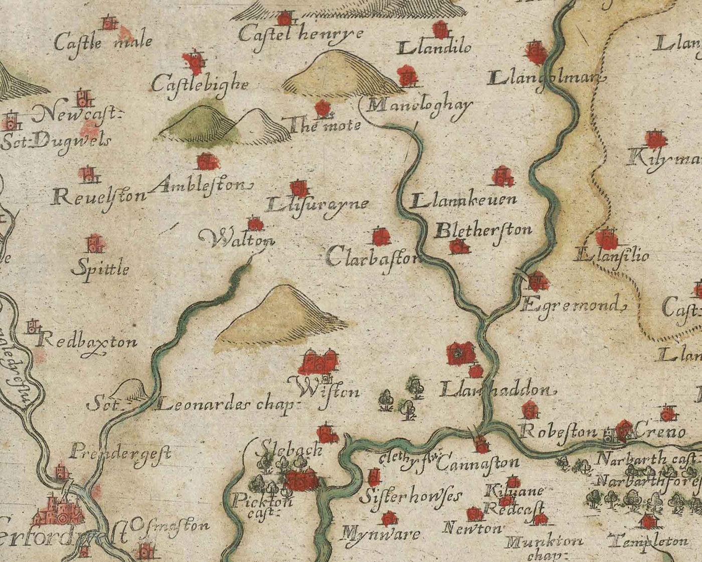 Alte Karte von Pembrokeshire, Wales aus dem Jahr 1578 von Christopher Saxton - Pembroke, Newport, Cardigan, Fishguard, Haverfordwest 