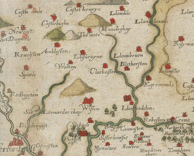 Alte Karte von Pembrokeshire, Wales aus dem Jahr 1578 von Christopher Saxton - Pembroke, Newport, Cardigan, Fishguard, Haverfordwest 