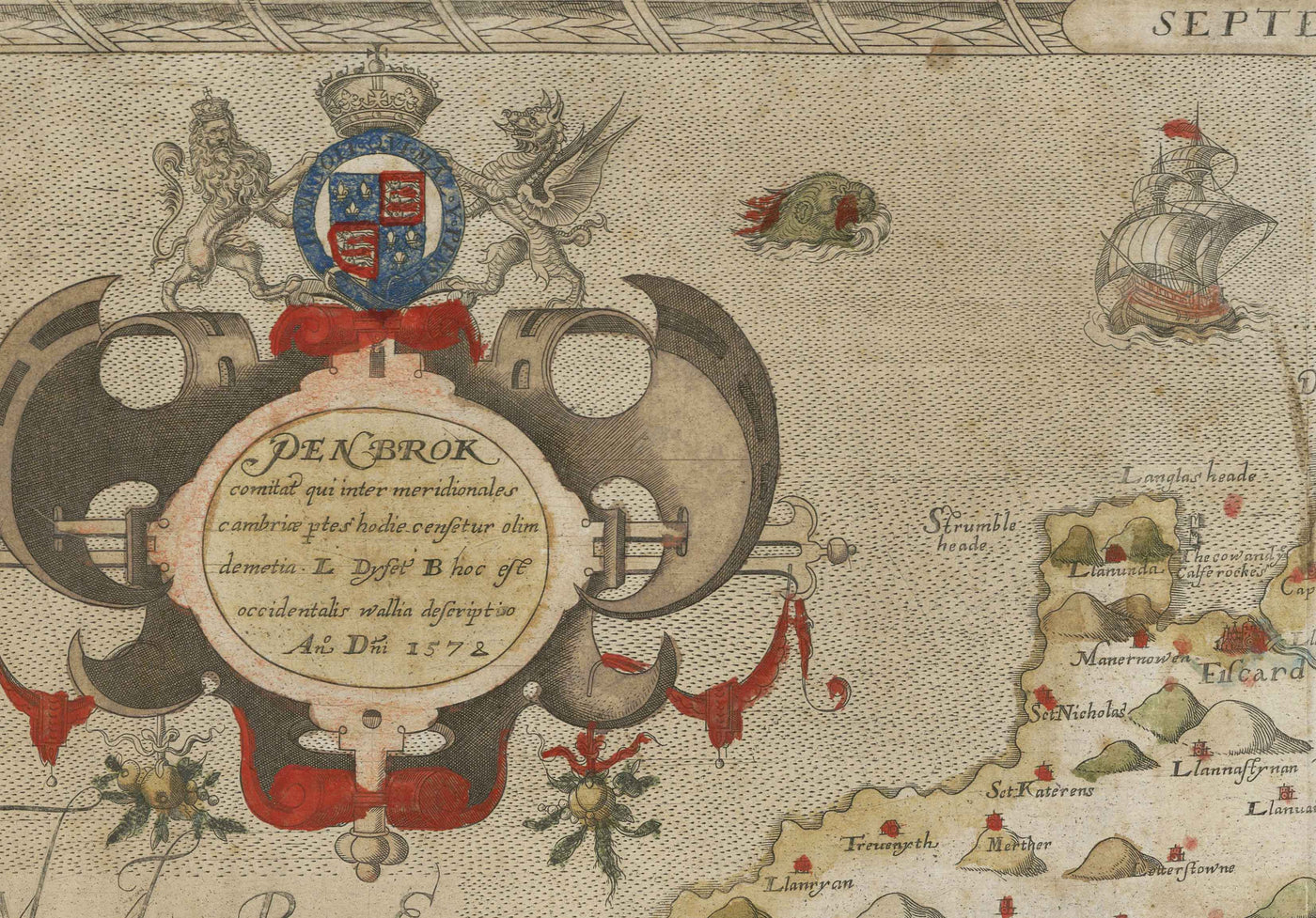 Alte Karte von Pembrokeshire, Wales aus dem Jahr 1578 von Christopher Saxton - Pembroke, Newport, Cardigan, Fishguard, Haverfordwest 