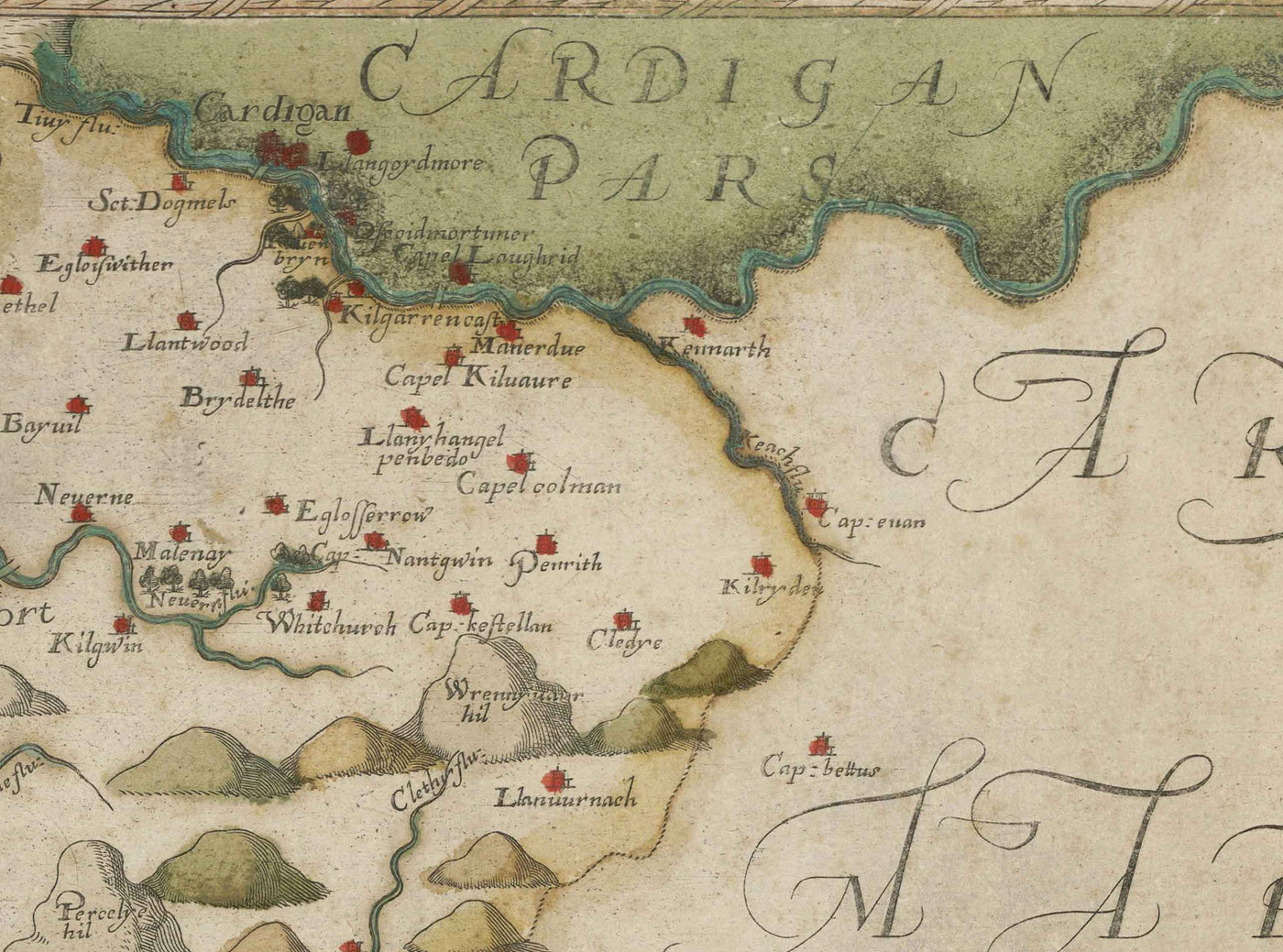 Alte Karte von Pembrokeshire, Wales aus dem Jahr 1578 von Christopher Saxton - Pembroke, Newport, Cardigan, Fishguard, Haverfordwest 