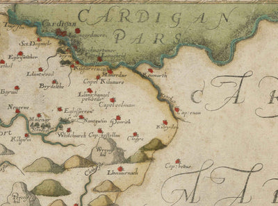Alte Karte von Pembrokeshire, Wales aus dem Jahr 1578 von Christopher Saxton - Pembroke, Newport, Cardigan, Fishguard, Haverfordwest 
