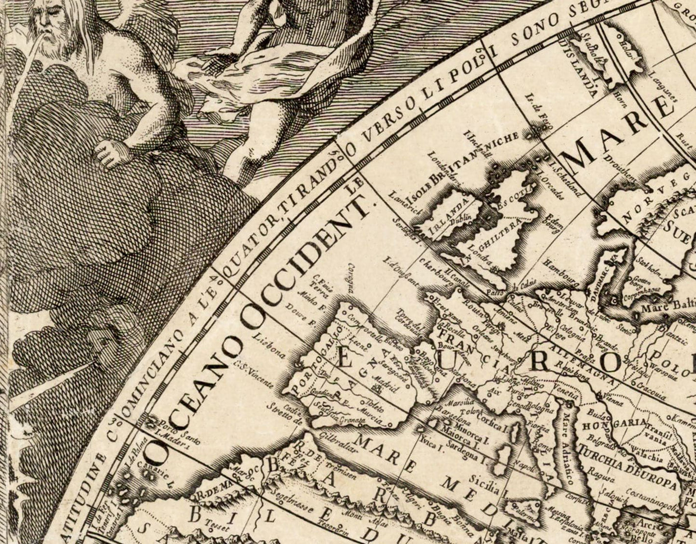 Mapa del Viejo Mundo, 1700 - Mapa del Atlas Antiguo Monocromo raro, Arte de la Pared Vintage por Paolo Petrini