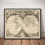 Alte Weltkarte, 1700 - Seltene monochrome Antiquitäten-Atlas-Karte, Vintage-Wandkunst von Paolo Petrini 