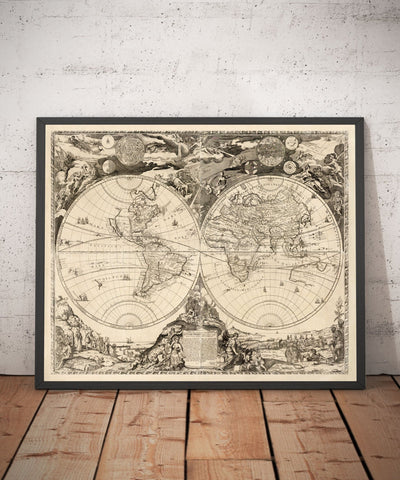 Mapa del Viejo Mundo, 1700 - Mapa del Atlas Antiguo Monocromo raro, Arte de la Pared Vintage por Paolo Petrini