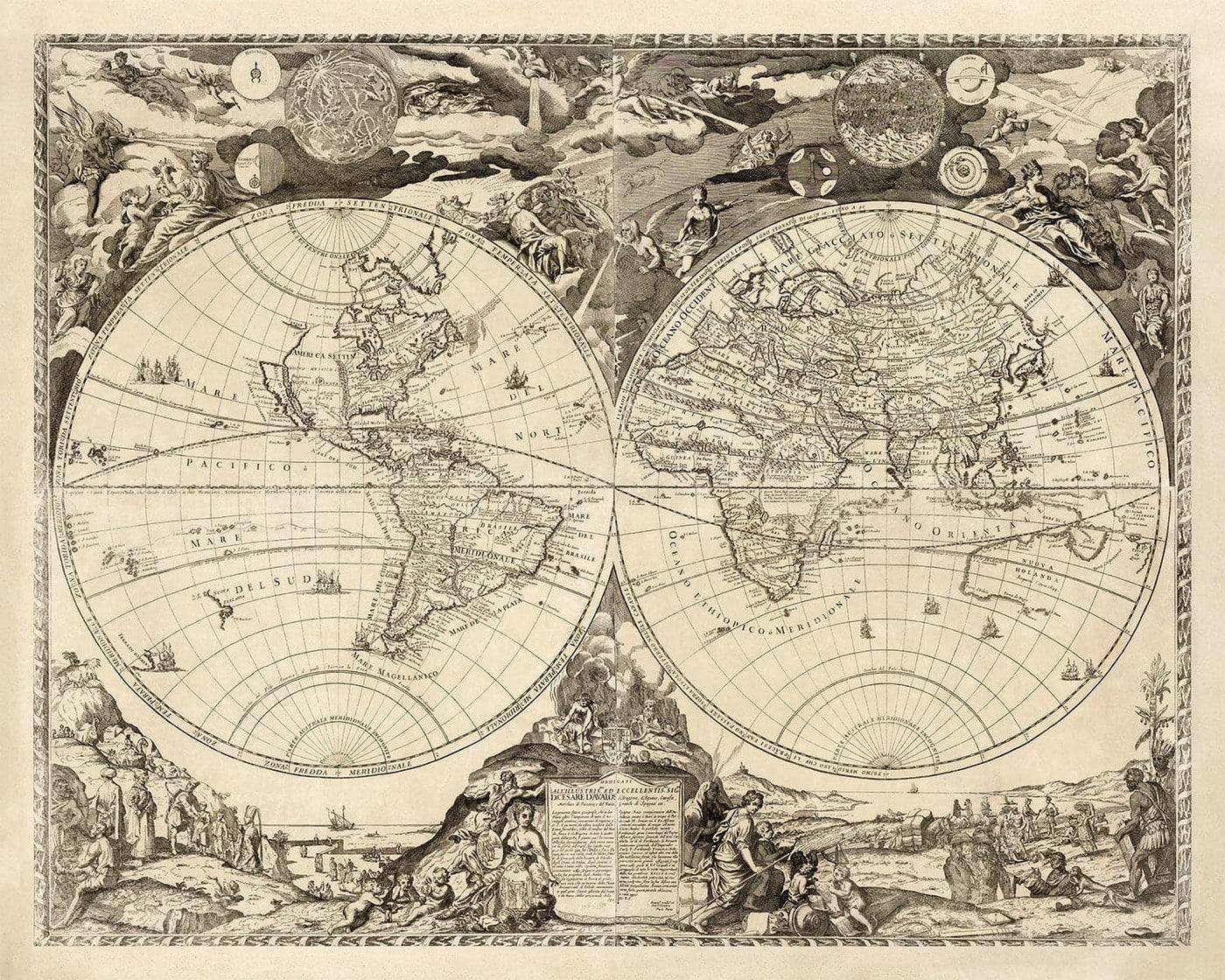 Mapa del Viejo Mundo, 1700 - Mapa del Atlas Antiguo Monocromo raro, Arte de la Pared Vintage por Paolo Petrini