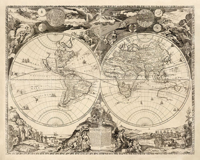 Mapa del Viejo Mundo, 1700 - Mapa del Atlas Antiguo Monocromo raro, Arte de la Pared Vintage por Paolo Petrini