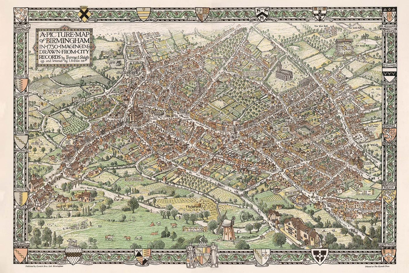 Alter bildlicher Stadtplan von Birmingham im Jahr 1730 von Bernard Sleigh 