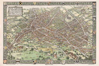 Alter bildlicher Stadtplan von Birmingham im Jahr 1730 von Bernard Sleigh 
