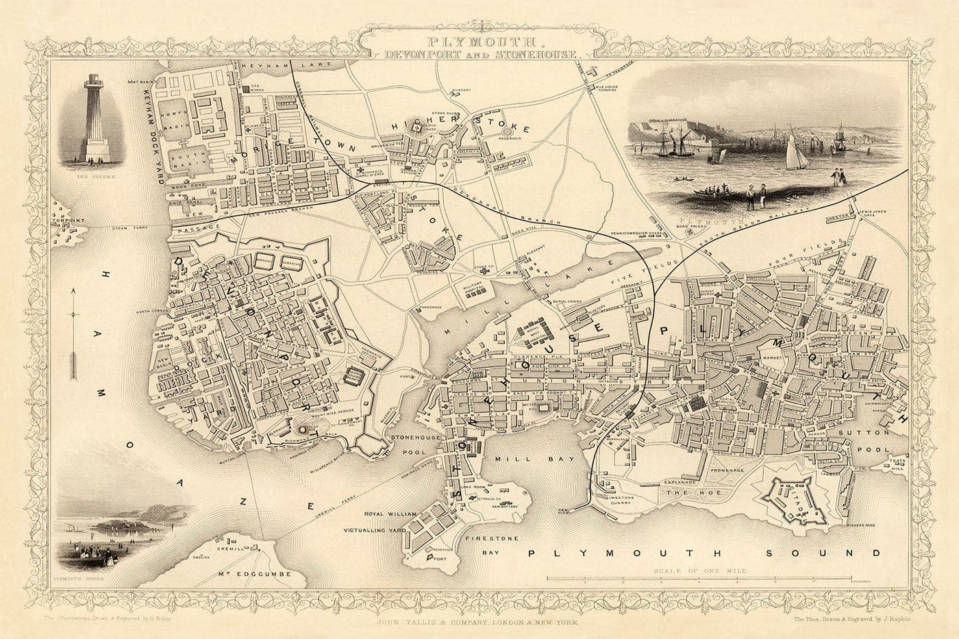 Old Monochrome Map of Plymouth in 1851 by Tallis, Rapkin - Stonehouse, Devonport