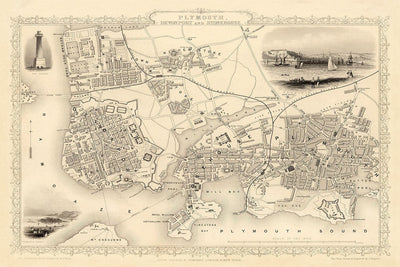 Old Monochrome Map of Plymouth in 1851 by Tallis, Rapkin - Stonehouse, Devonport