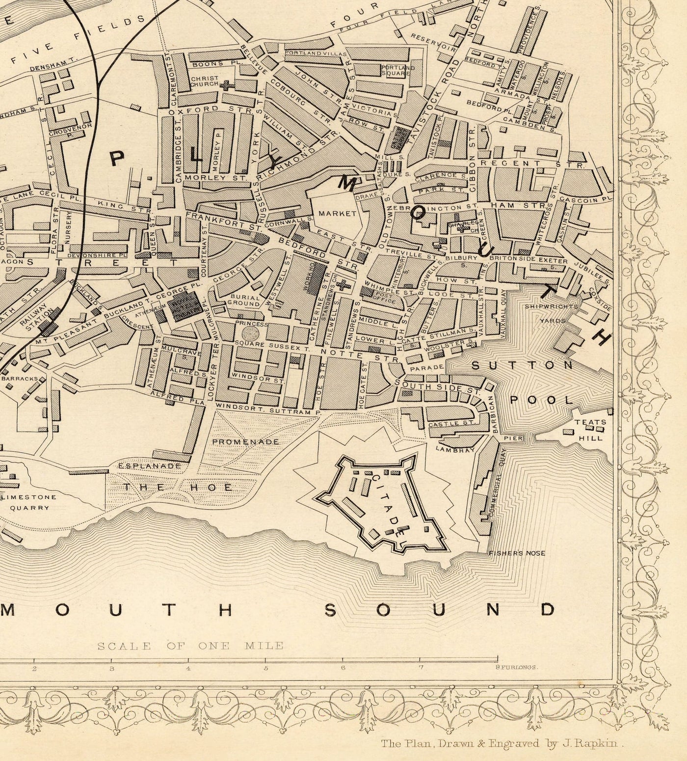 Old Monochrome Map of Plymouth in 1851 by Tallis, Rapkin - Stonehouse, Devonport