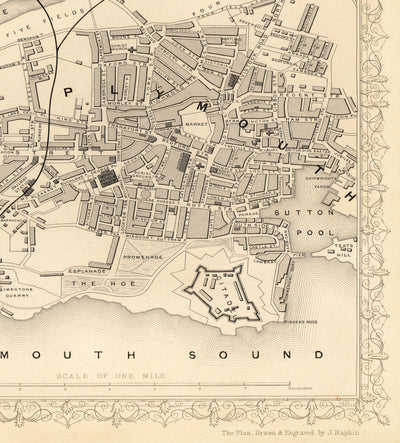 Old Monochrome Map of Plymouth in 1851 by Tallis, Rapkin - Stonehouse, Devonport