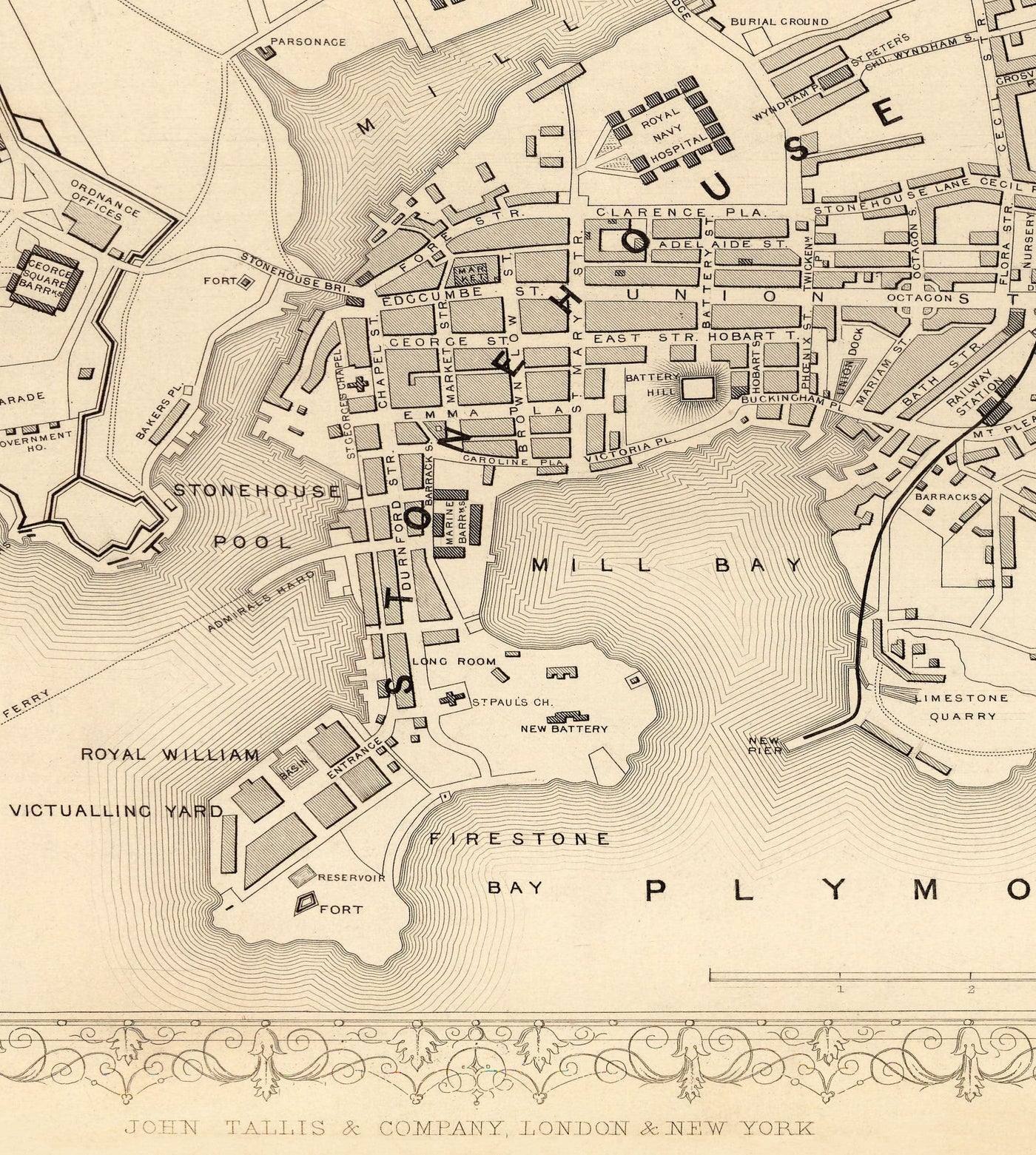 Old Monochrome Map of Plymouth in 1851 by Tallis, Rapkin - Stonehouse, Devonport