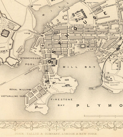 Old Monochrome Map of Plymouth in 1851 by Tallis, Rapkin - Stonehouse, Devonport